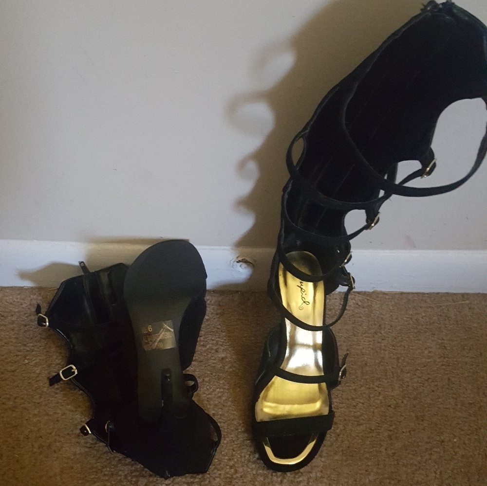 Black peep toe caged heels